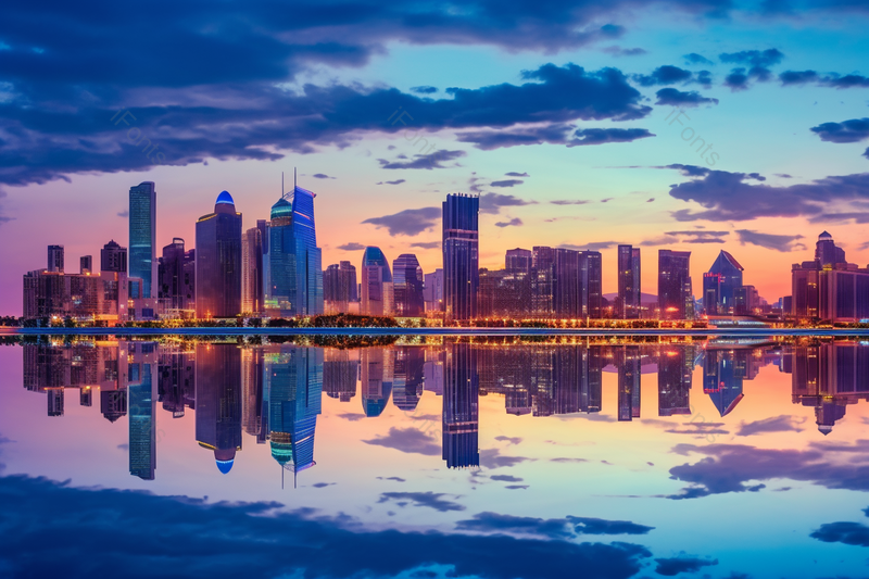 城市夜景落日江中湖中倒影全景摄影背景,高清,摄影图,摄影图片,图片大全,摄影图免费下载